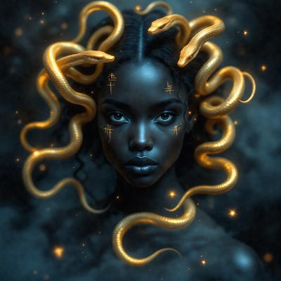The primary subject of the image is a woman with a unique hairstyle, featuring a mix of snake and human elements. She has a snake's head and a human head, creating an intriguing and eye-catching appearance. The setting is a dark, moody environment, which adds to the overall atmosphere of the image. The visual style is a digital art or illustration, showcasing the creativity and skill of the artist. The colors and mood of the image are predominantly dark and mysterious